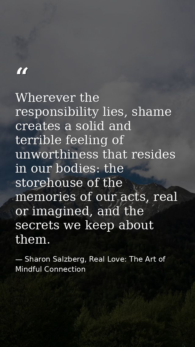 Wherever the responsibility lies, shame creates a solid and terrible feeling of unworthiness that resides in our bodies: — Sharon Salzberg, Real Love: The Art of Mindful Connection