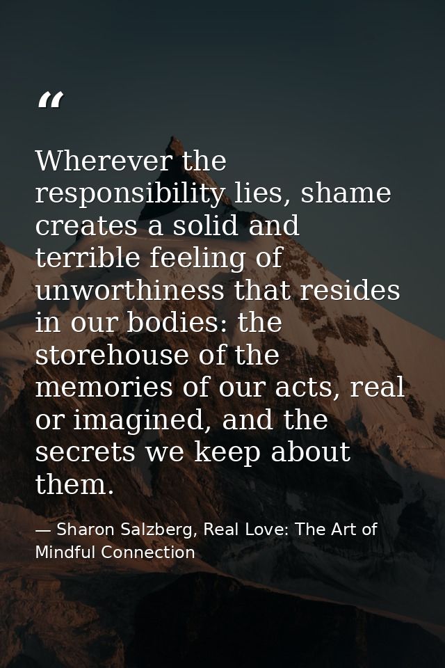 Wherever the responsibility lies, shame creates a solid and terrible feeling of unworthiness that resides in our bodies: — Sharon Salzberg, Real Love: The Art of Mindful Connection