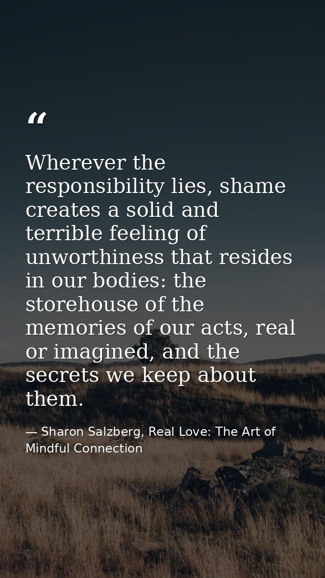 Wherever the responsibility lies, shame creates a solid and terrible feeling of unworthiness that resides in our bodies: — Sharon Salzberg, Real Love: The Art of Mindful Connection