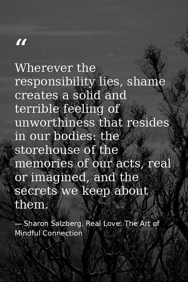 Wherever the responsibility lies, shame creates a solid and terrible feeling of unworthiness that resides in our bodies: — Sharon Salzberg, Real Love: The Art of Mindful Connection