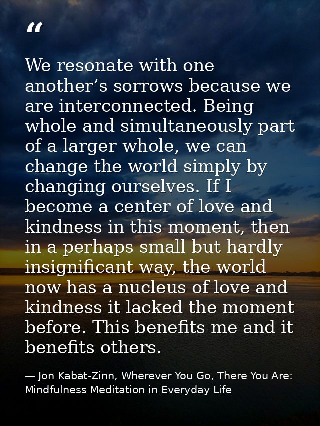 We resonate with one another’s sorrows because we are interconnected. Being whole and simultaneously part of a larger wh — Jon Kabat-Zinn, Wherever You Go, There You Are: Mindfulness Meditation in Everyday Life