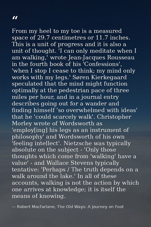From my heel to my toe is a measured space of 29.7 centimetres or 11.7 inches. This is a unit of progress and it is also — Robert Macfarlane, The Old Ways: A Journey on Foot