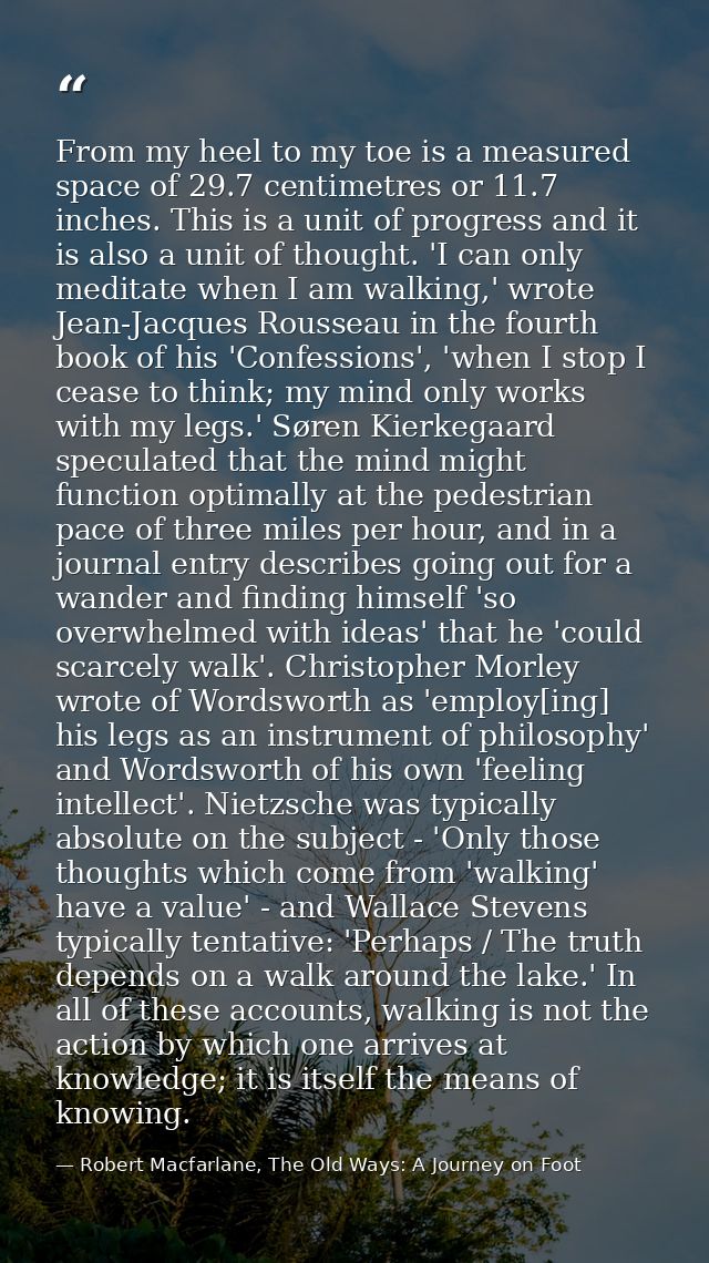 From my heel to my toe is a measured space of 29.7 centimetres or 11.7 inches. This is a unit of progress and it is also — Robert Macfarlane, The Old Ways: A Journey on Foot