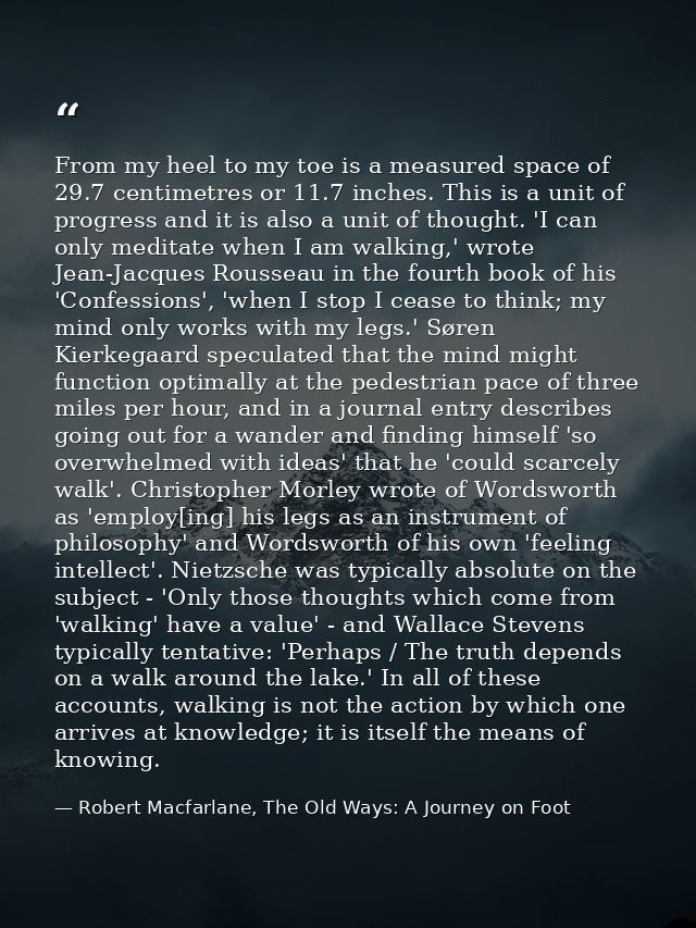 From my heel to my toe is a measured space of 29.7 centimetres or 11.7 inches. This is a unit of progress and it is also — Robert Macfarlane, The Old Ways: A Journey on Foot