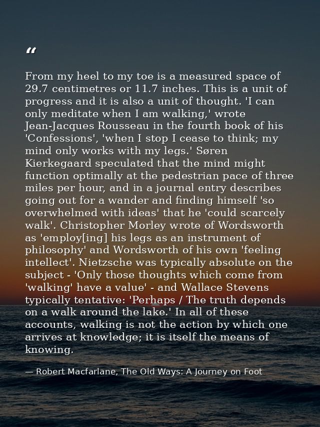 From my heel to my toe is a measured space of 29.7 centimetres or 11.7 inches. This is a unit of progress and it is also — Robert Macfarlane, The Old Ways: A Journey on Foot