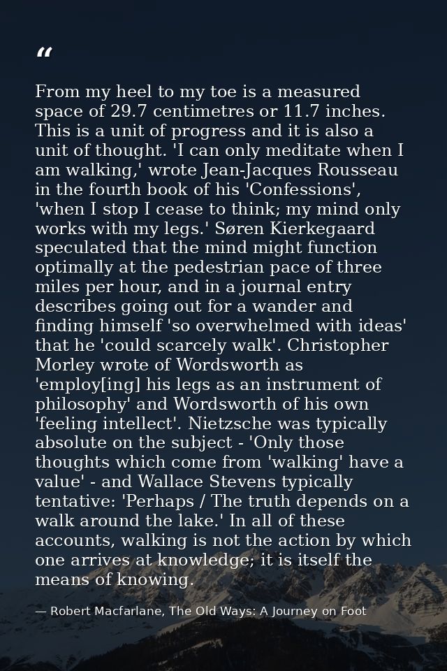 From my heel to my toe is a measured space of 29.7 centimetres or 11.7 inches. This is a unit of progress and it is also — Robert Macfarlane, The Old Ways: A Journey on Foot