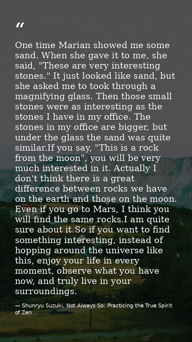 One time Marian showed me some sand. When she gave it to me, she said, "These are very interesting stones." It just look — Shunryu Suzuki, Not Always So: Practicing the True Spirit of Zen
