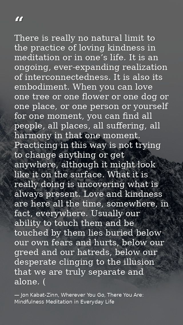 There is really no natural limit to the practice of loving kindness in meditation or in one’s life. It is an ongoing, ev — Jon Kabat-Zinn, Wherever You Go, There You Are: Mindfulness Meditation in Everyday Life
