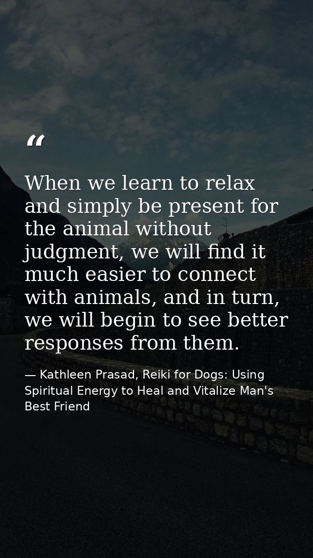 When we learn to relax and simply be present for the animal without judgment, we will find it much easier to connect wit — Kathleen Prasad, Reiki for Dogs: Using Spiritual Energy to Heal and Vitalize Man's Best Friend