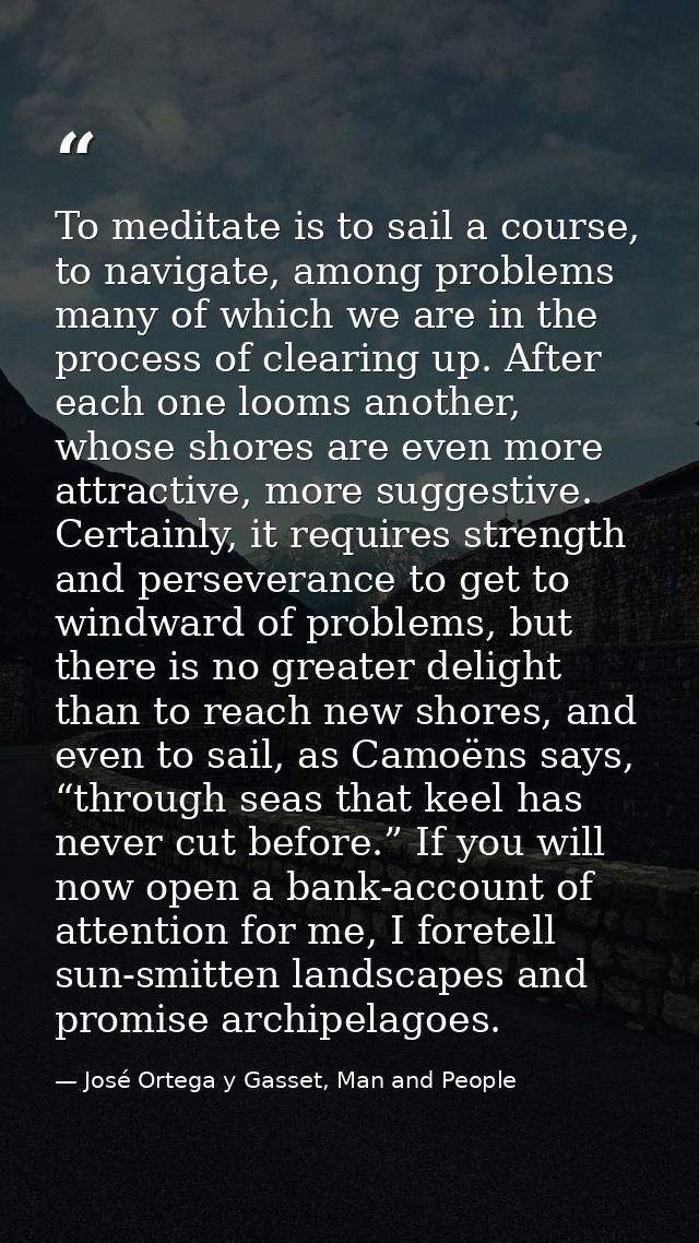 To meditate is to sail a course, to navigate, among problems many of which we are in the process of clearing up. After e — José Ortega y Gasset, Man and People