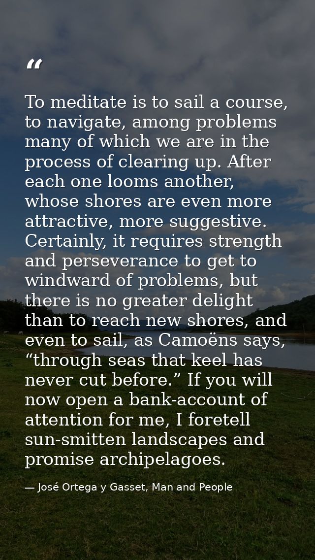 To meditate is to sail a course, to navigate, among problems many of which we are in the process of clearing up. After e — José Ortega y Gasset, Man and People