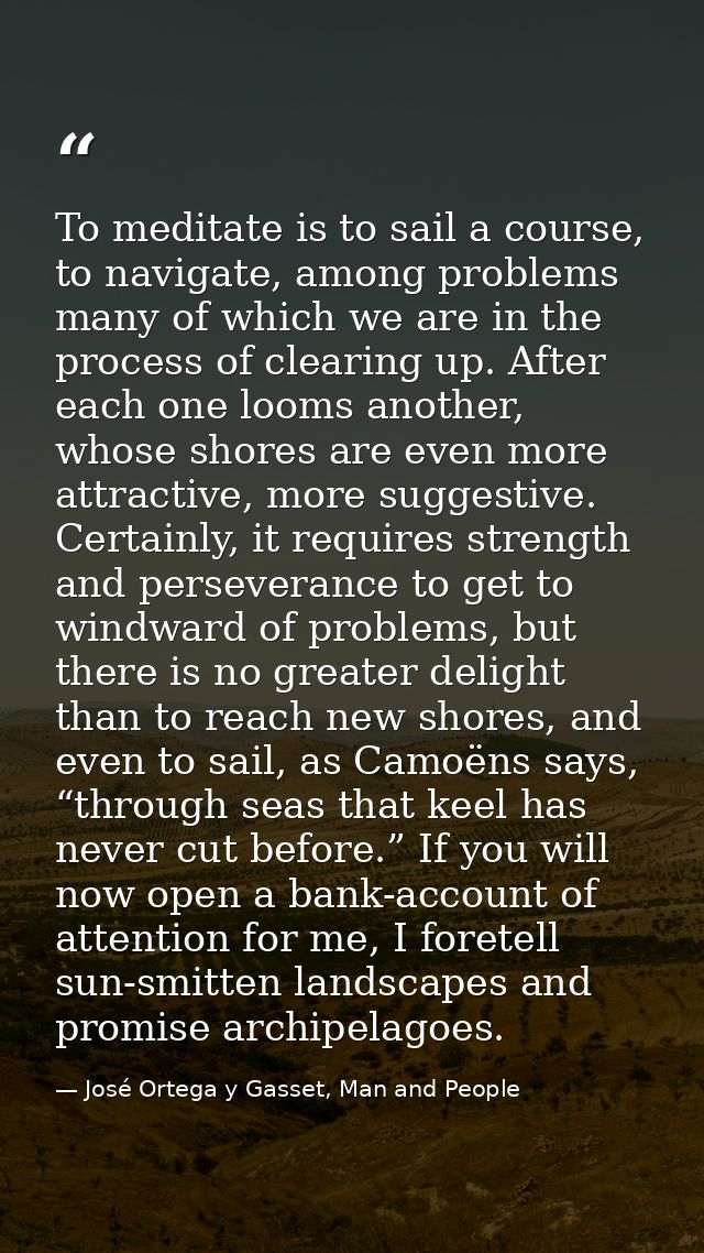 To meditate is to sail a course, to navigate, among problems many of which we are in the process of clearing up. After e — José Ortega y Gasset, Man and People