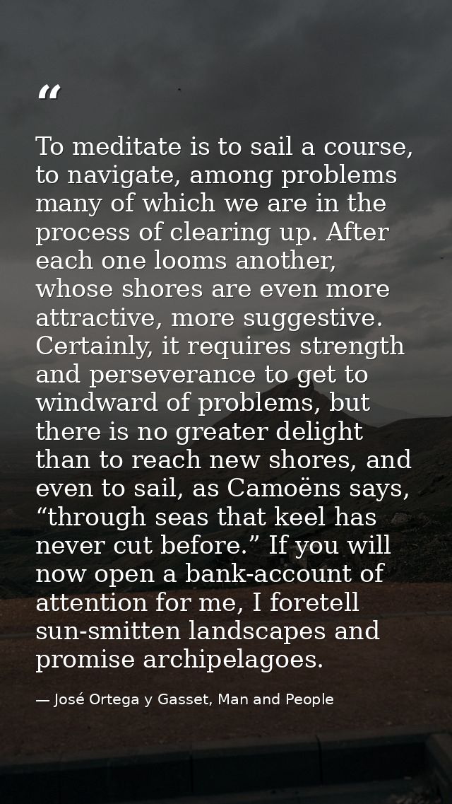 To meditate is to sail a course, to navigate, among problems many of which we are in the process of clearing up. After e — José Ortega y Gasset, Man and People