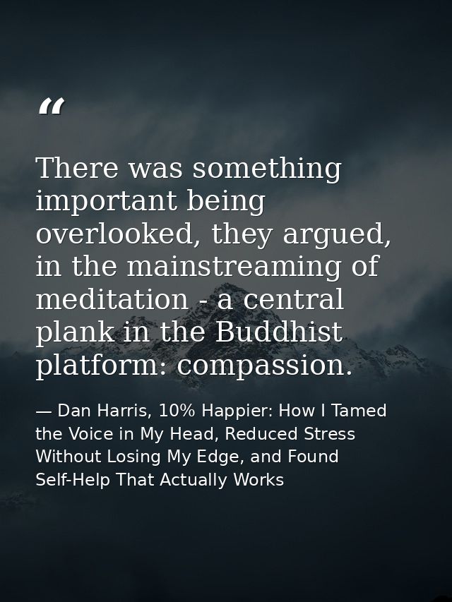 There was something important being overlooked, they argued, in the mainstreaming of meditation - a central plank in the — Dan Harris, 10% Happier: How I Tamed the Voice in My Head, Reduced Stress Without Losing My Edge, and Found Self-Help That Actually Works