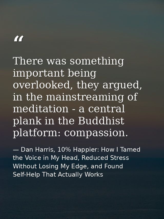 There was something important being overlooked, they argued, in the mainstreaming of meditation - a central plank in the — Dan Harris, 10% Happier: How I Tamed the Voice in My Head, Reduced Stress Without Losing My Edge, and Found Self-Help That Actually Works