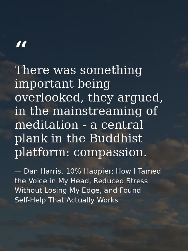 There was something important being overlooked, they argued, in the mainstreaming of meditation - a central plank in the — Dan Harris, 10% Happier: How I Tamed the Voice in My Head, Reduced Stress Without Losing My Edge, and Found Self-Help That Actually Works