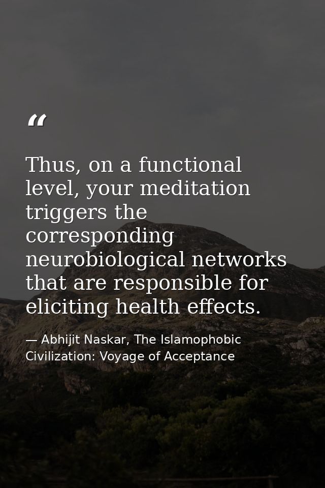 Thus, on a functional level, your meditation triggers the corresponding neurobiological networks that are responsible fo — Abhijit Naskar, The Islamophobic Civilization: Voyage of Acceptance