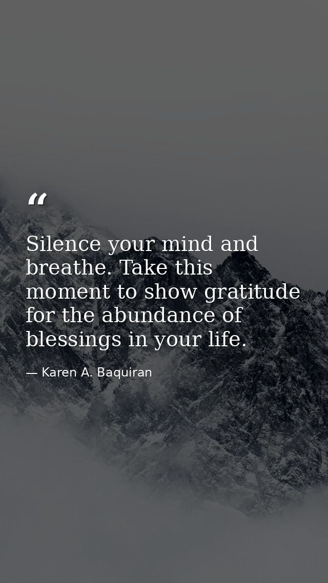 Silence your mind and breathe. Take this moment to show gratitude for the abundance of blessings in your life. — Karen A. Baquiran