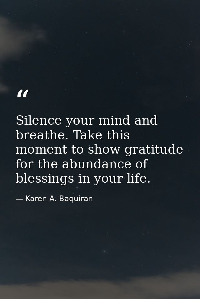Silence your mind and breathe. Take this moment to show gratitude for the abundance of blessings in your life. — Karen A. Baquiran