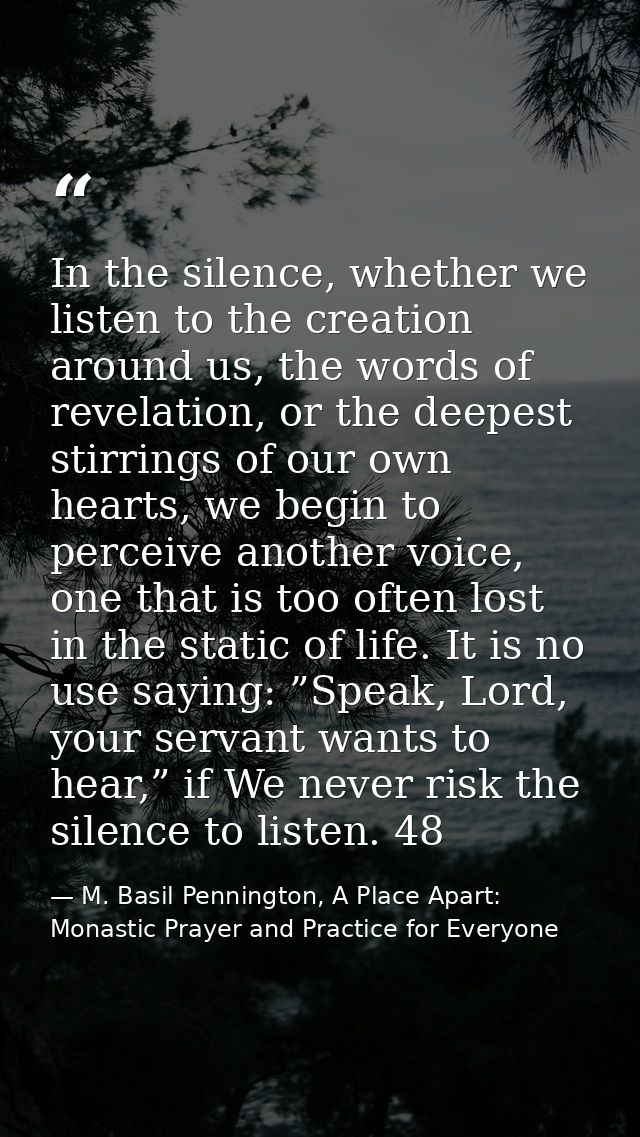 In the silence, whether we listen to the creation around us, the words of revelation, or the deepest stirrings of our ow — M. Basil Pennington, A Place Apart: Monastic Prayer and Practice for Everyone