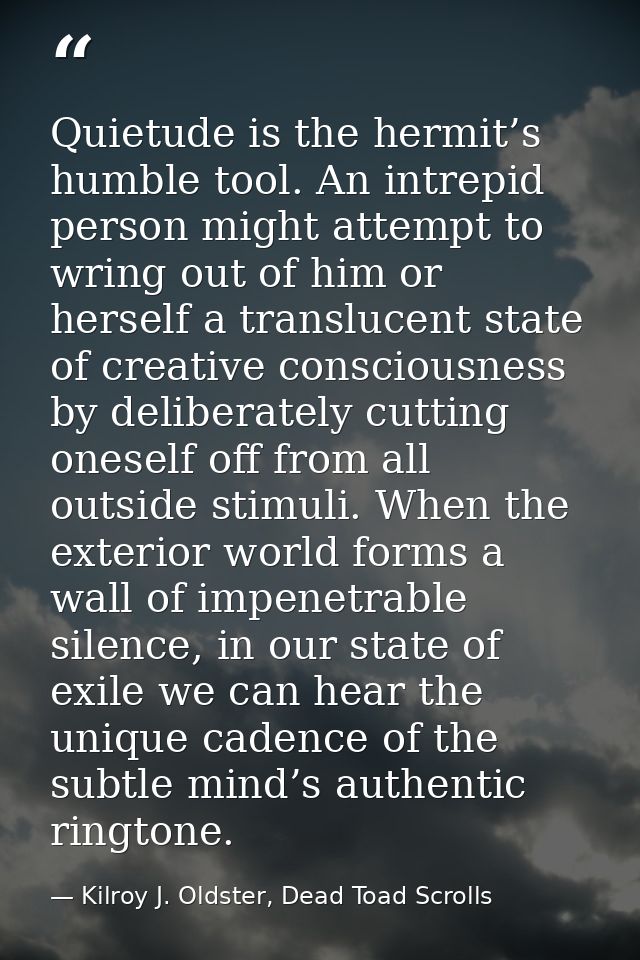 Quietude is the hermit’s humble tool. An intrepid person might attempt to wring out of him or herself a translucent stat — Kilroy J. Oldster, Dead Toad Scrolls