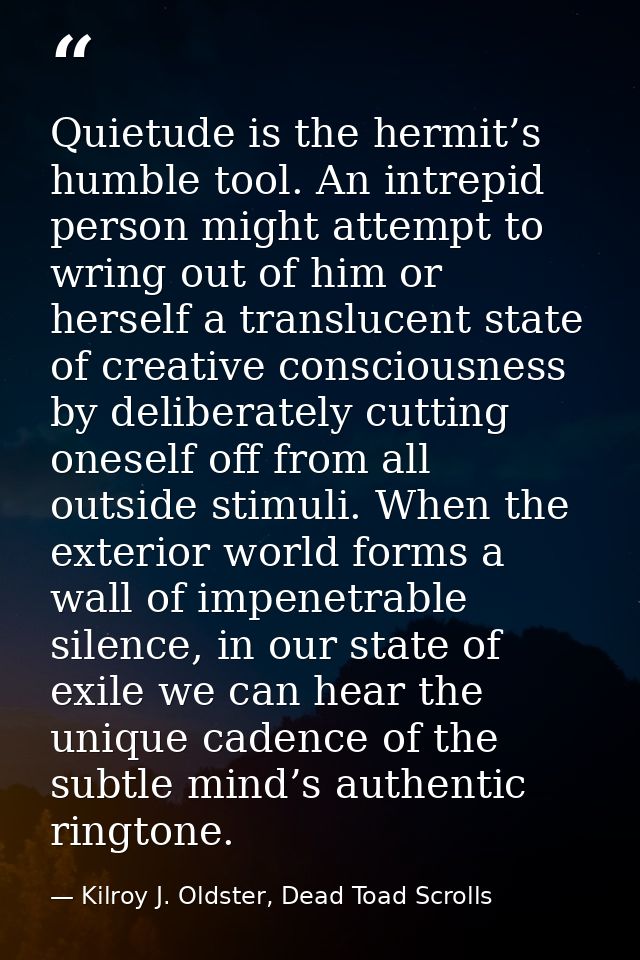 Quietude is the hermit’s humble tool. An intrepid person might attempt to wring out of him or herself a translucent stat — Kilroy J. Oldster, Dead Toad Scrolls