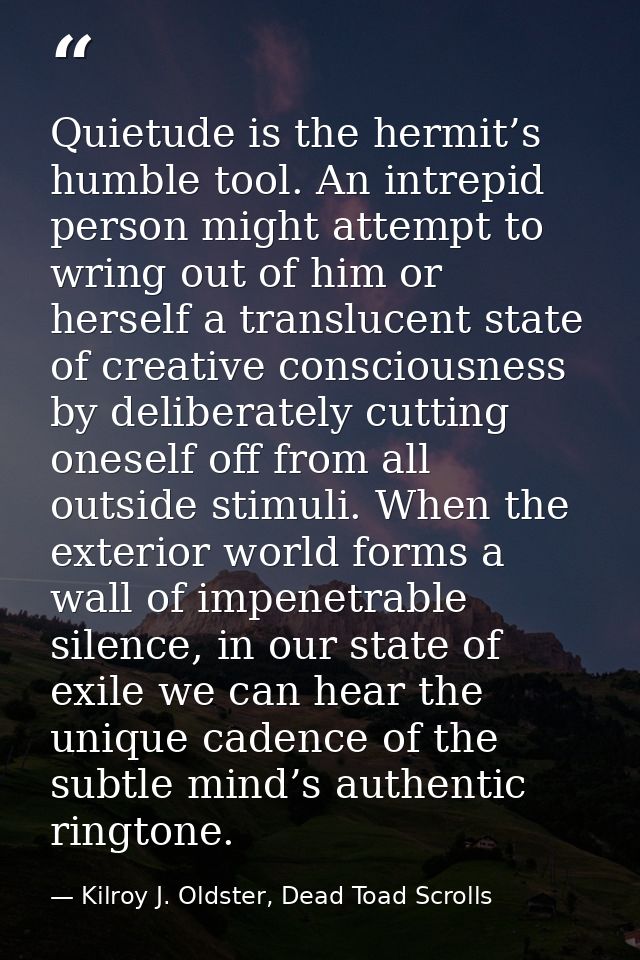 Quietude is the hermit’s humble tool. An intrepid person might attempt to wring out of him or herself a translucent stat — Kilroy J. Oldster, Dead Toad Scrolls
