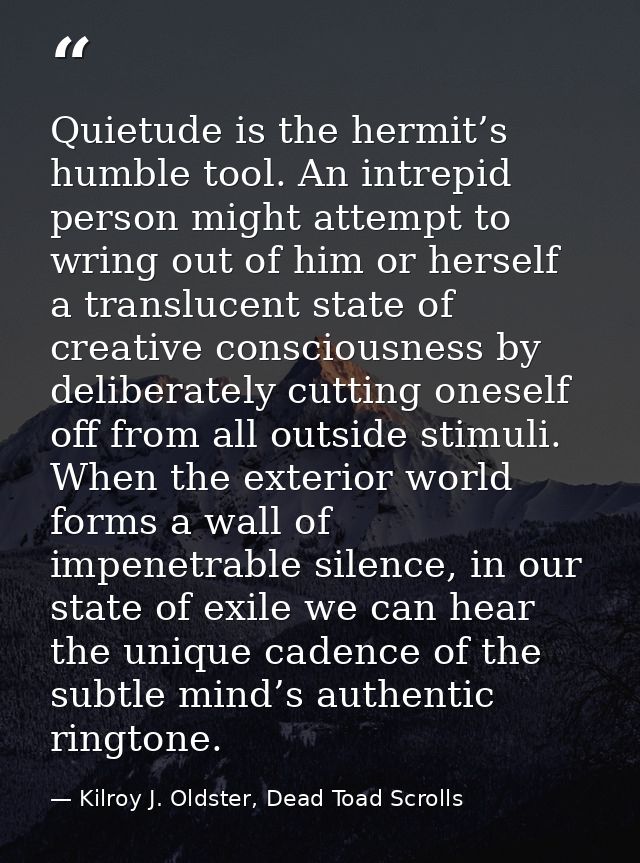 Quietude is the hermit’s humble tool. An intrepid person might attempt to wring out of him or herself a translucent stat — Kilroy J. Oldster, Dead Toad Scrolls