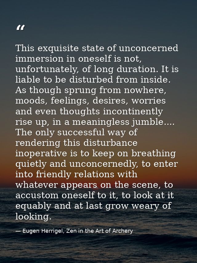 This exquisite state of unconcerned immersion in oneself is not, unfortunately, of long duration. It is liable to be dis — Eugen Herrigel, Zen in the Art of Archery