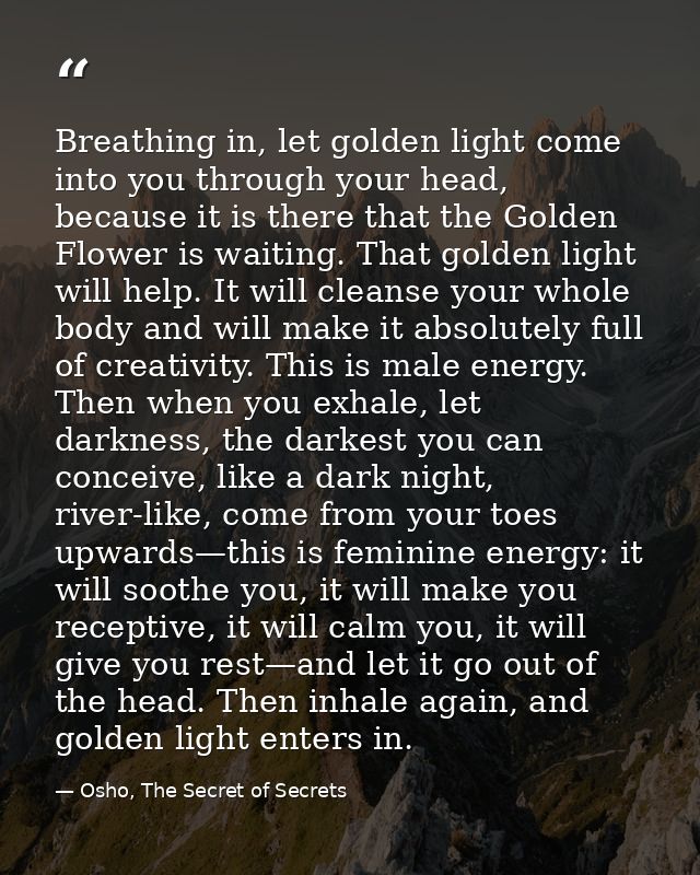 Breathing in, let golden light come into you through your head, because it is there that the Golden Flower is waiting. T — Osho, The Secret of Secrets
