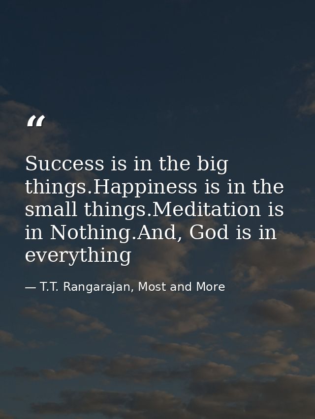 Success is in the big things.Happiness is in the small things.Meditation is in Nothing.And, God is in everything — T.T. Rangarajan, Most and More