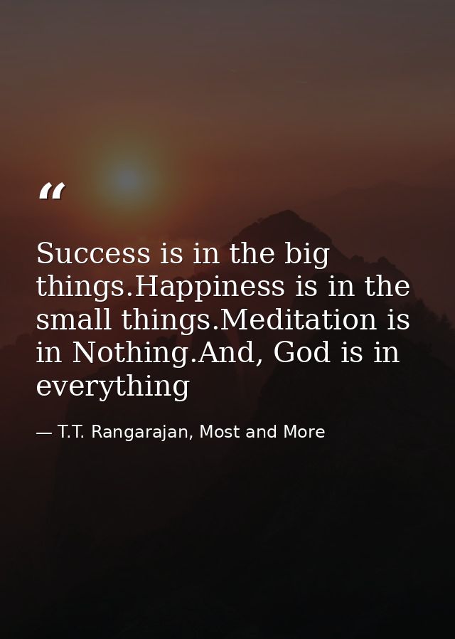 Success is in the big things.Happiness is in the small things.Meditation is in Nothing.And, God is in everything — T.T. Rangarajan, Most and More
