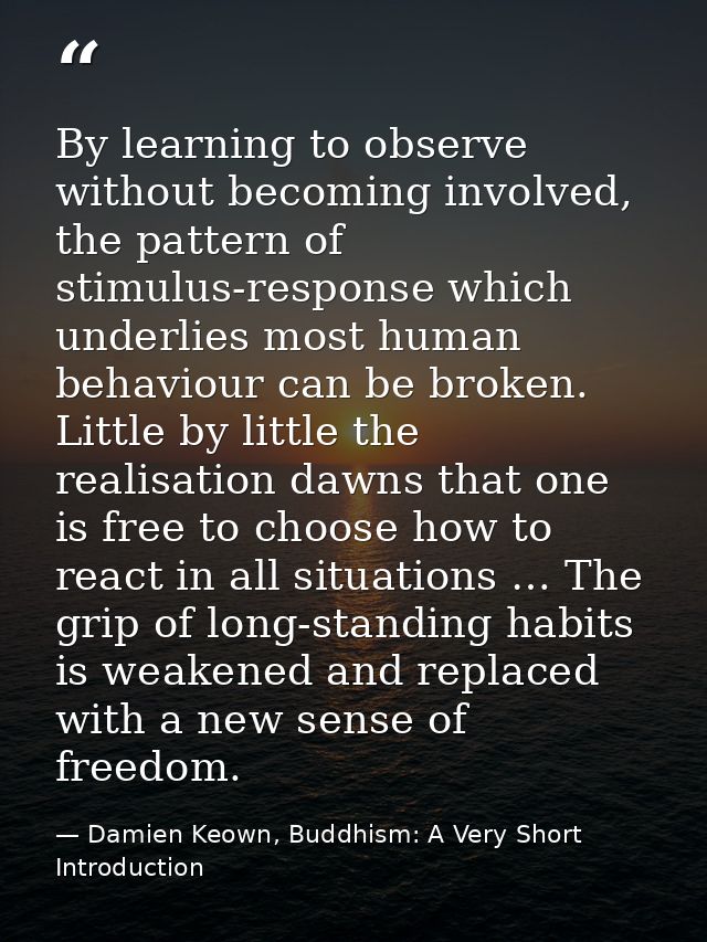 By learning to observe without becoming involved, the pattern of stimulus-response which underlies most human behaviour  — Damien Keown, Buddhism: A Very Short Introduction