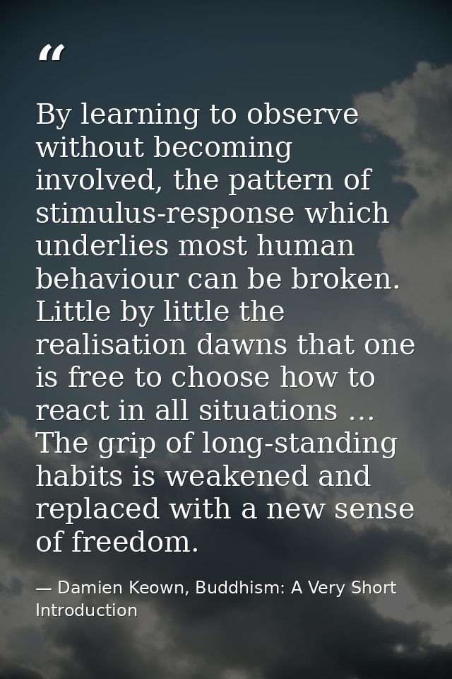 By learning to observe without becoming involved, the pattern of stimulus-response which underlies most human behaviour  — Damien Keown, Buddhism: A Very Short Introduction