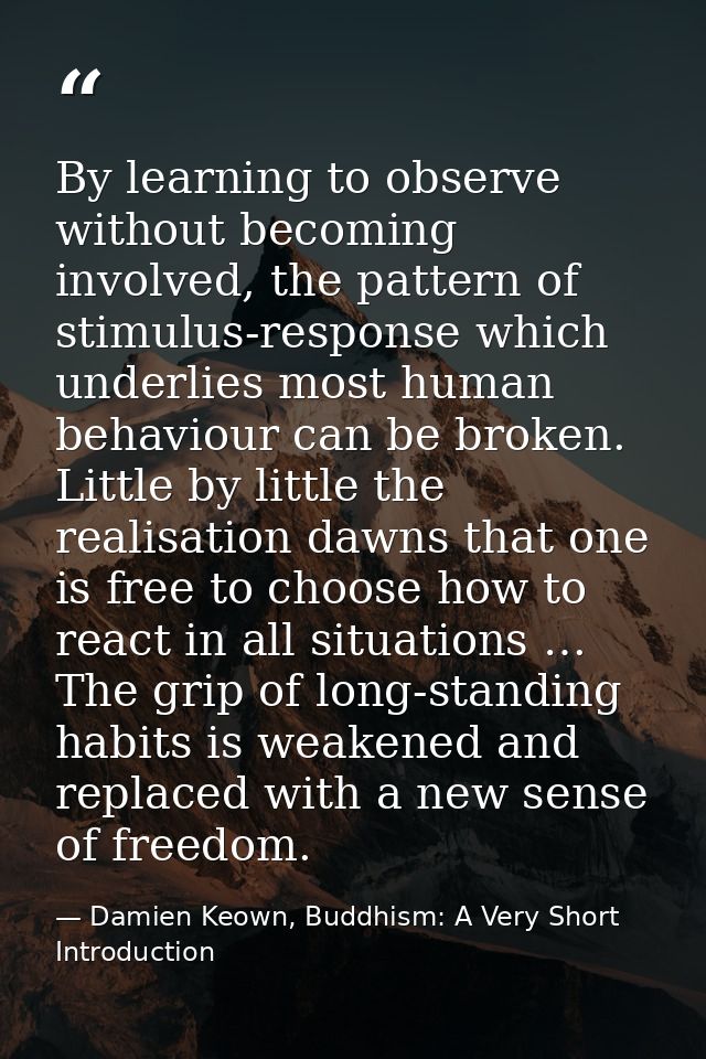 By learning to observe without becoming involved, the pattern of stimulus-response which underlies most human behaviour  — Damien Keown, Buddhism: A Very Short Introduction