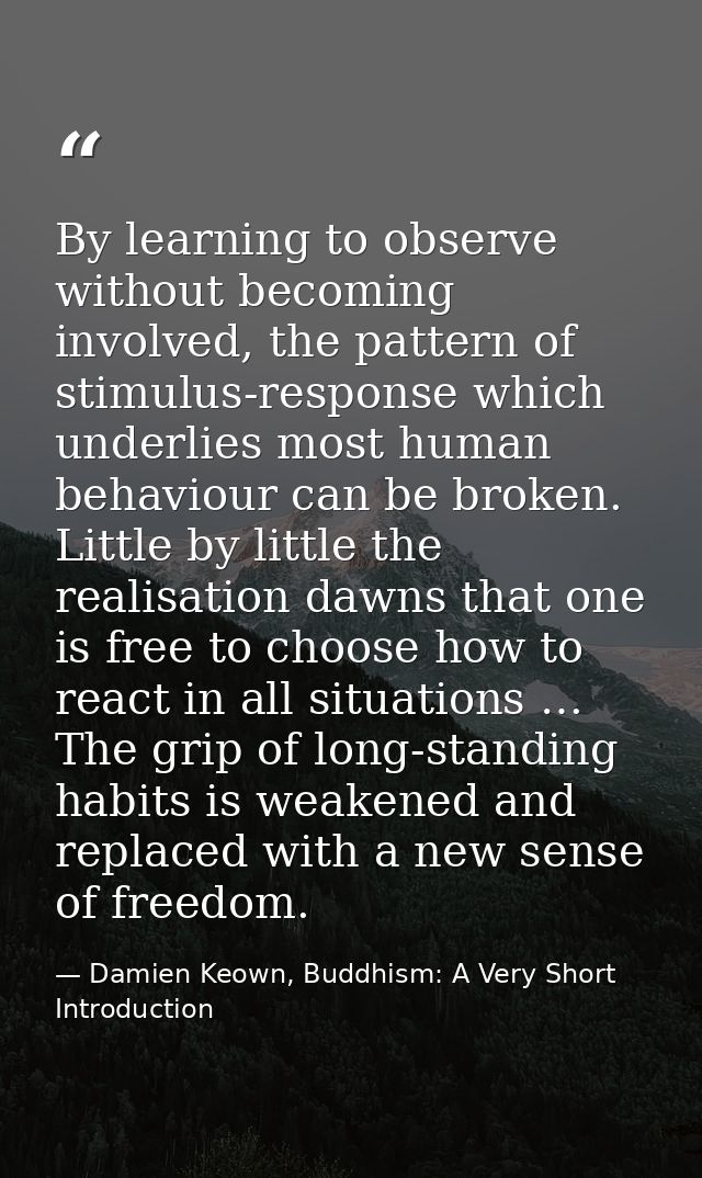 By learning to observe without becoming involved, the pattern of stimulus-response which underlies most human behaviour  — Damien Keown, Buddhism: A Very Short Introduction