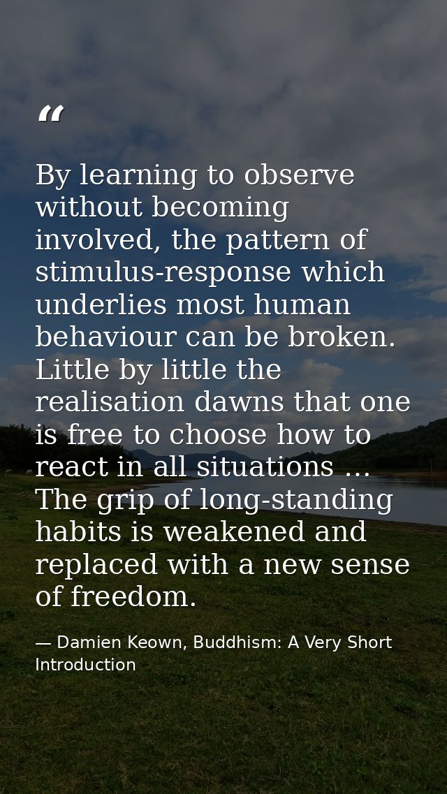 By learning to observe without becoming involved, the pattern of stimulus-response which underlies most human behaviour  — Damien Keown, Buddhism: A Very Short Introduction