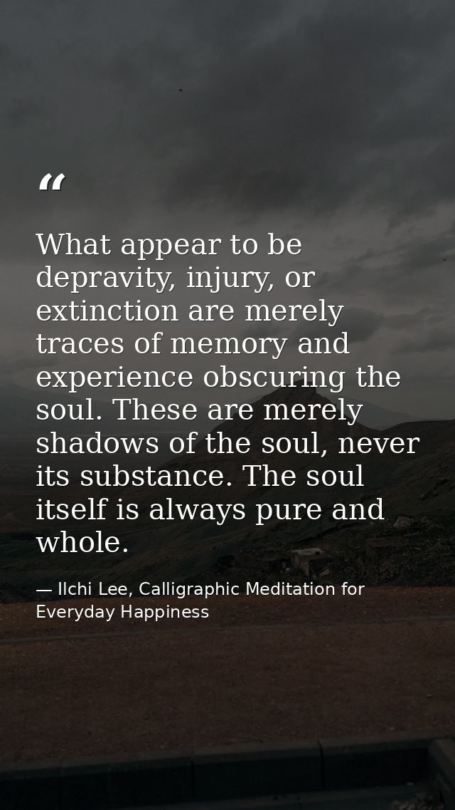 What appear to be depravity, injury, or extinction are merely traces of memory and experience obscuring the soul. These  — Ilchi Lee, Calligraphic Meditation for Everyday Happiness