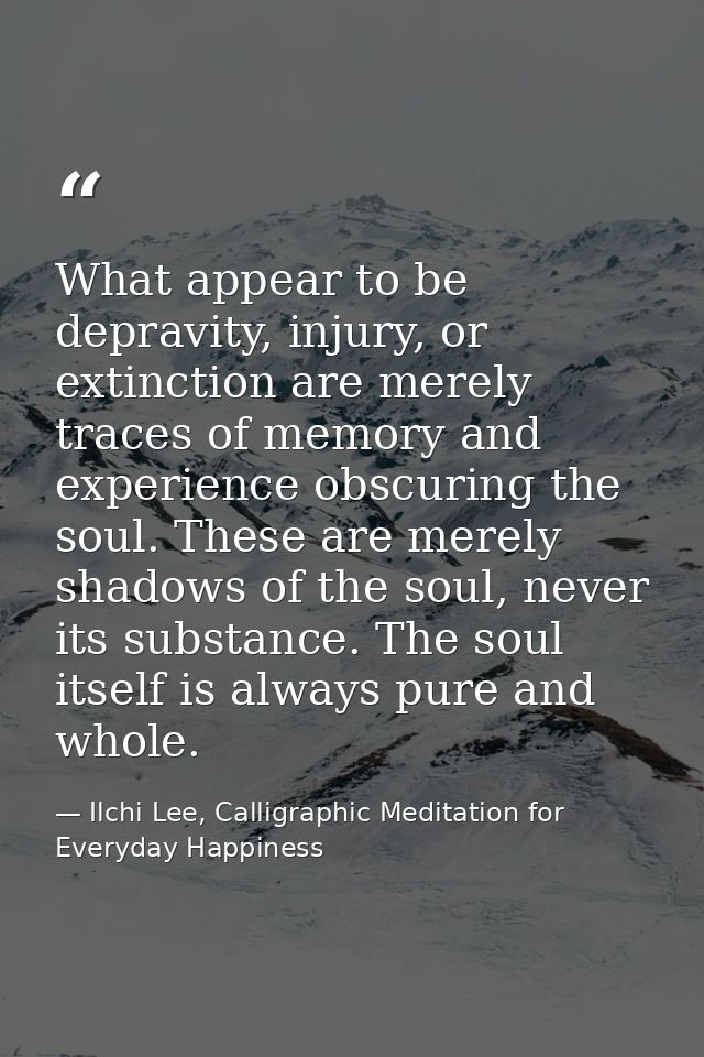 What appear to be depravity, injury, or extinction are merely traces of memory and experience obscuring the soul. These  — Ilchi Lee, Calligraphic Meditation for Everyday Happiness