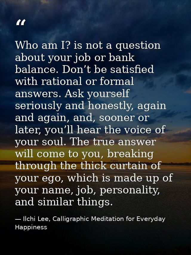 Who am I? is not a question about your job or bank balance. Don’t be satisfied with rational or formal answers. Ask your — Ilchi Lee, Calligraphic Meditation for Everyday Happiness