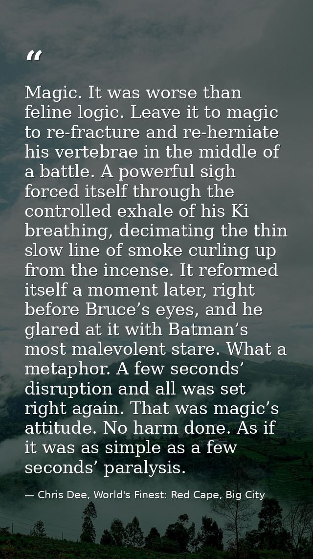 Magic. It was worse than feline logic. Leave it to magic to re-fracture and re-herniate his vertebrae in the middle of a — Chris Dee, World's Finest: Red Cape, Big City