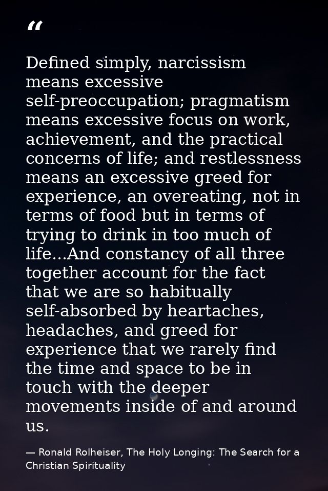 Defined simply, narcissism means excessive self-preoccupation; pragmatism means excessive focus on work, achievement, an — Ronald Rolheiser, The Holy Longing: The Search for a Christian Spirituality
