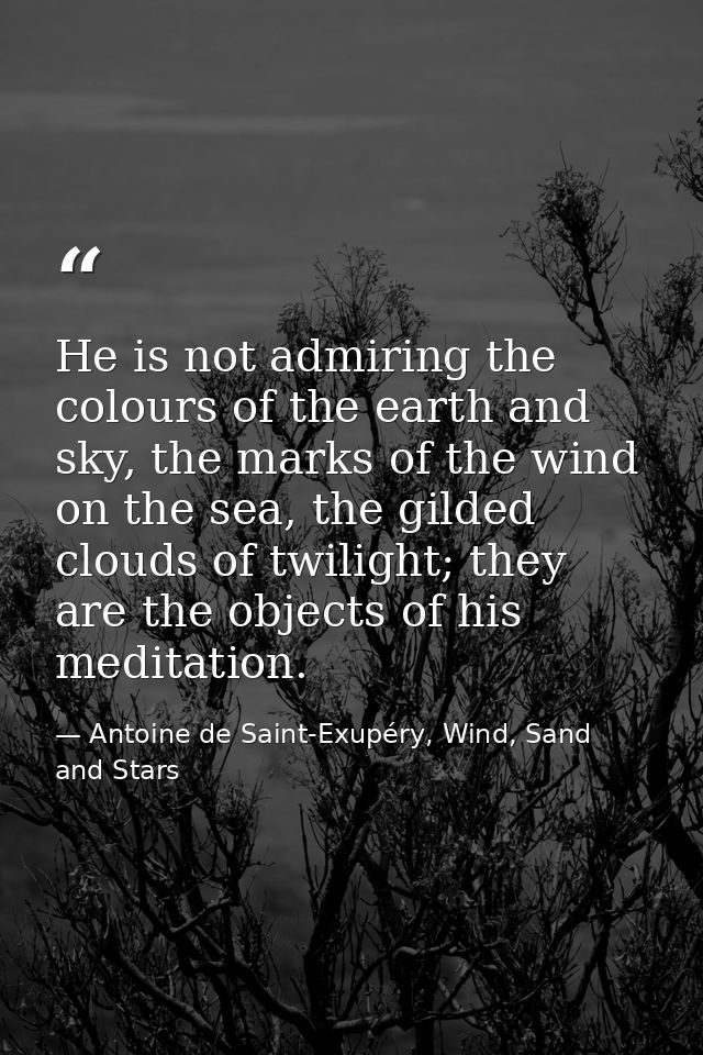 He is not admiring the colours of the earth and sky, the marks of the wind on the sea, the gilded clouds of twilight; th — Antoine de Saint-Exupéry, Wind, Sand and Stars