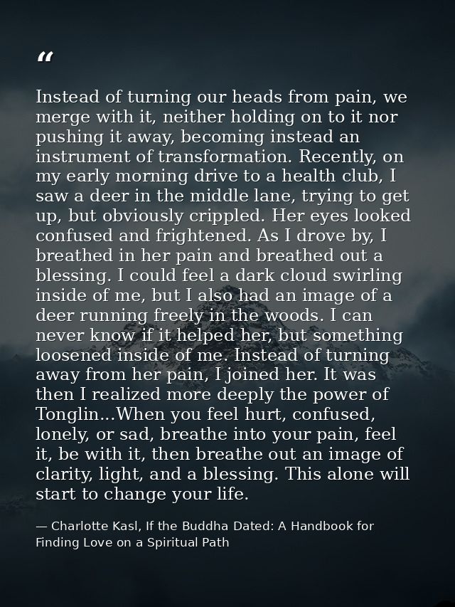 Instead of turning our heads from pain, we merge with it, neither holding on to it nor pushing it away, becoming instead — Charlotte Kasl, If the Buddha Dated: A Handbook for Finding Love on a Spiritual Path