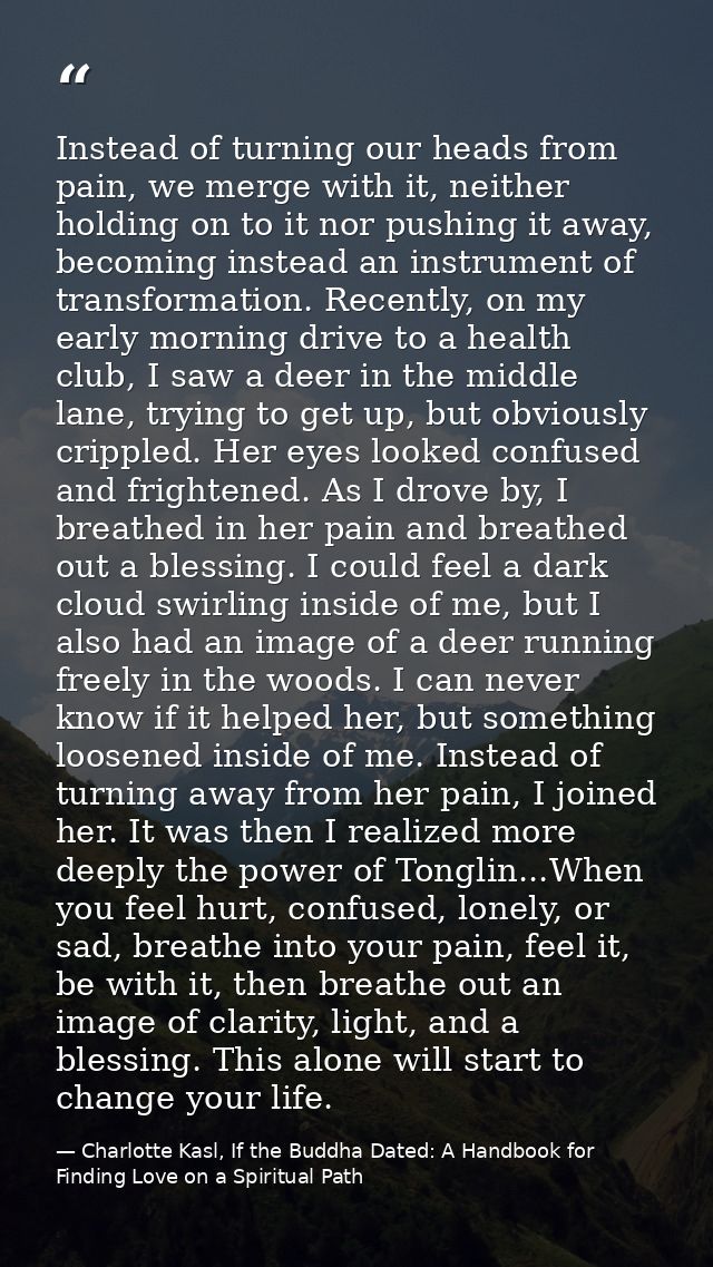 Instead of turning our heads from pain, we merge with it, neither holding on to it nor pushing it away, becoming instead — Charlotte Kasl, If the Buddha Dated: A Handbook for Finding Love on a Spiritual Path