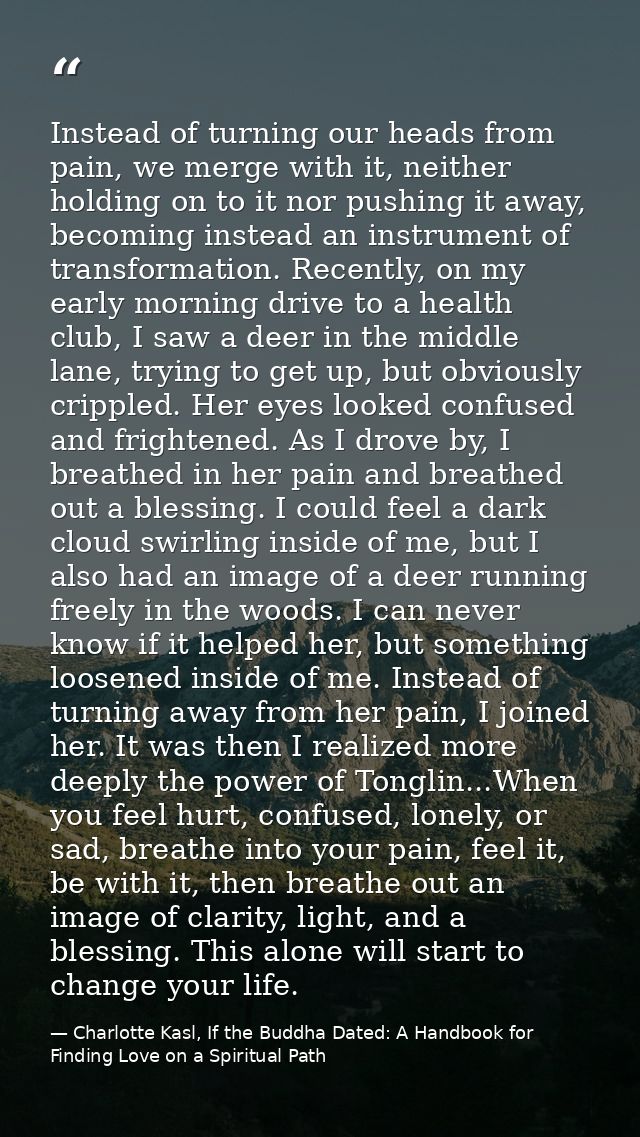 Instead of turning our heads from pain, we merge with it, neither holding on to it nor pushing it away, becoming instead — Charlotte Kasl, If the Buddha Dated: A Handbook for Finding Love on a Spiritual Path