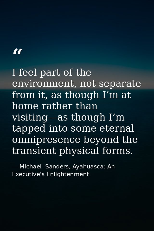 I feel part of the environment, not separate from it, as though I’m at home rather than visiting—as though I’m tapped in — Michael  Sanders, Ayahuasca: An Executive's Enlightenment