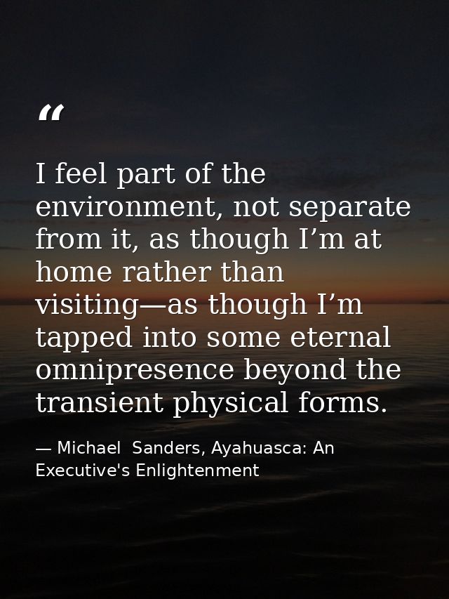 I feel part of the environment, not separate from it, as though I’m at home rather than visiting—as though I’m tapped in — Michael  Sanders, Ayahuasca: An Executive's Enlightenment
