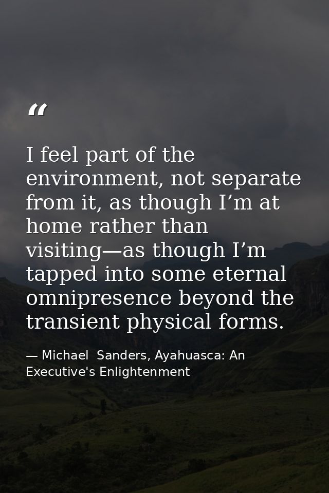 I feel part of the environment, not separate from it, as though I’m at home rather than visiting—as though I’m tapped in — Michael  Sanders, Ayahuasca: An Executive's Enlightenment