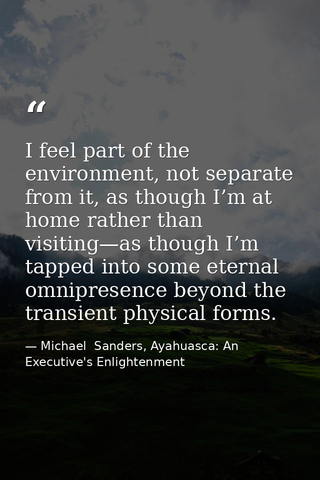 I feel part of the environment, not separate from it, as though I’m at home rather than visiting—as though I’m tapped in — Michael  Sanders, Ayahuasca: An Executive's Enlightenment
